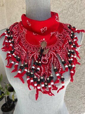 VTG Red Western Bandana Scarf Southwest Concho Beaded Festival Rodeo Concert
